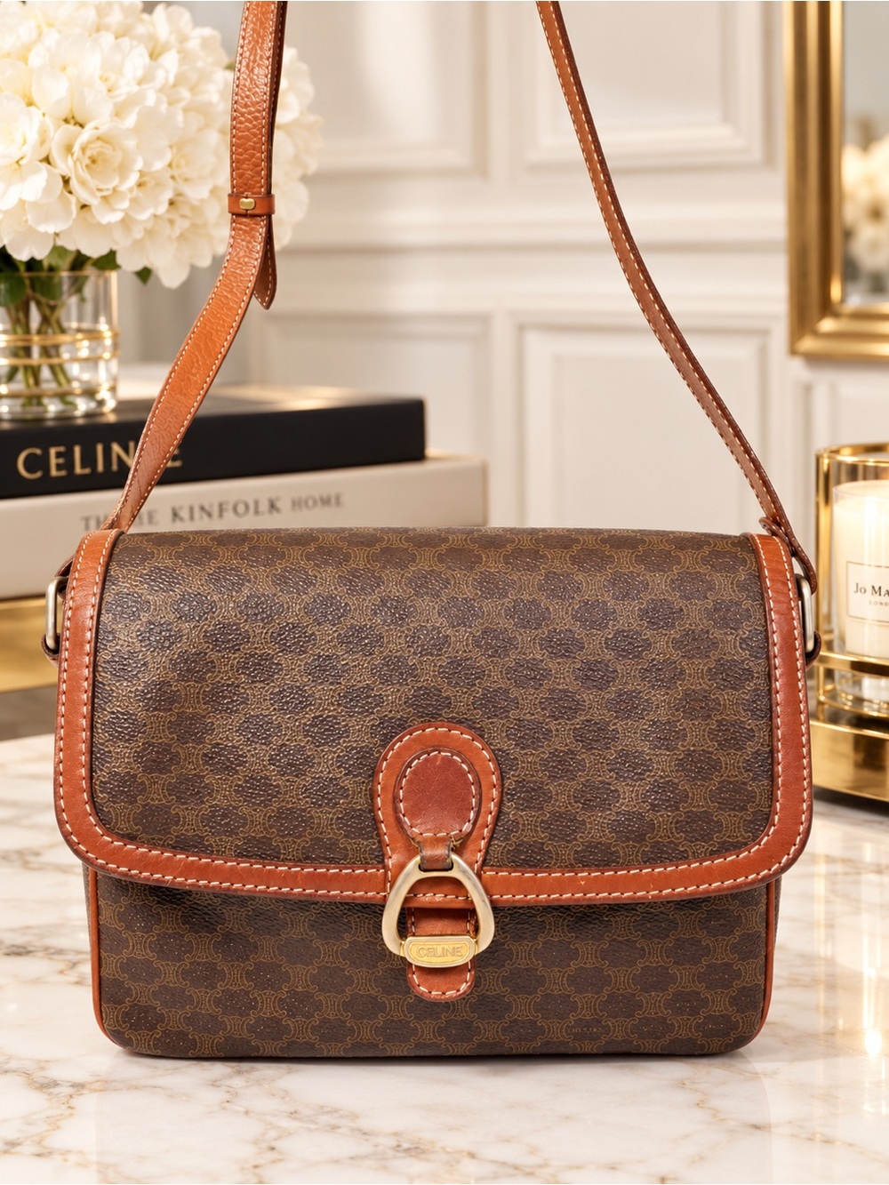 Celine Brown Monogram Crossbody with Tan Trim